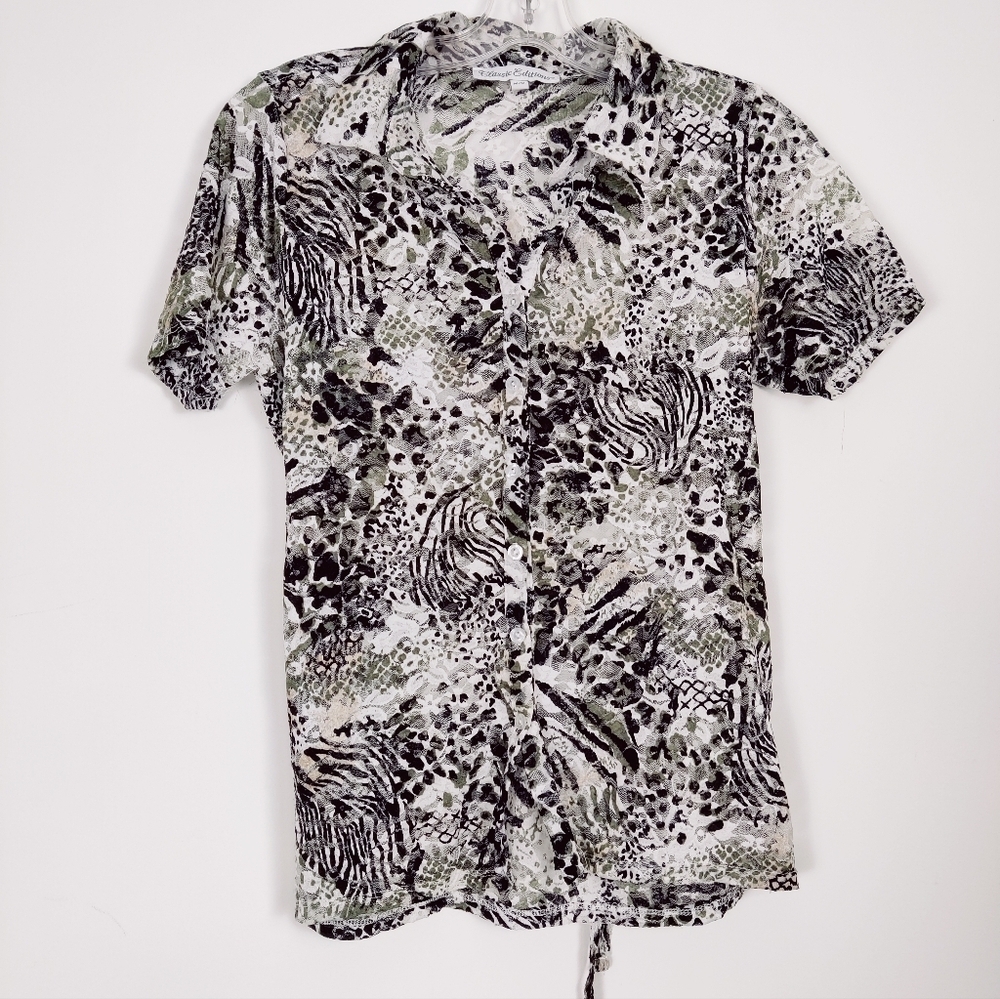 Classic Editions Women's Button Down Sheer Lace Blouse Shirt Leopard Size Medium
